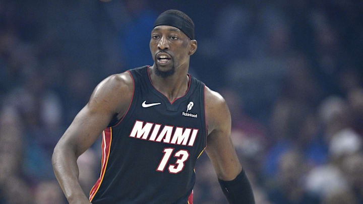 Mar 25, 2026; Cleveland, Ohio, USA; Miami Heat center Bam Adebayo (13) stands on the court in the first quarter against the Cleveland Cavaliers at Rocket Arena. Mandatory Credit: David Richard-Imagn Images