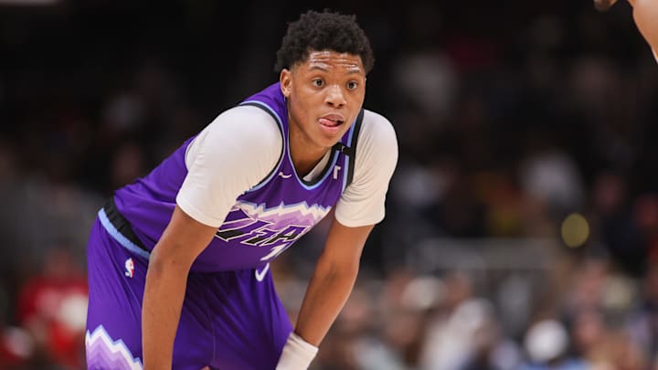 Feb 5, 2026; Atlanta, Georgia, USA; Utah Jazz guard Ace Bailey (19) in action against the Atlanta Hawks in the third quarter at State Farm Arena. Mandatory Credit: Brett Davis-Imagn Images
