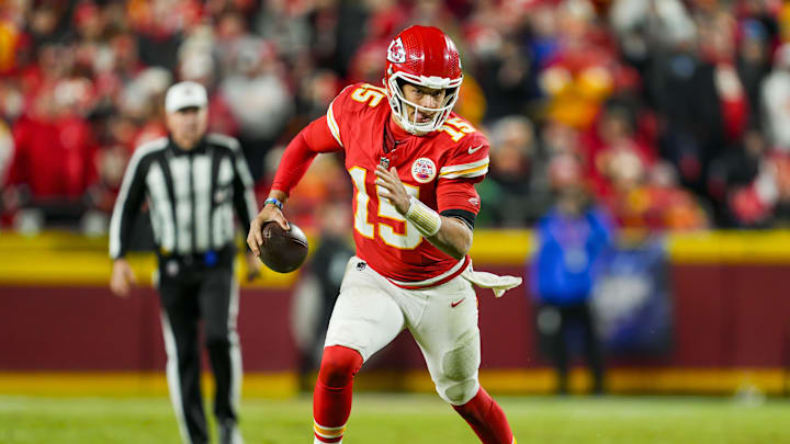 Dec 8, 2024; Kansas City, Missouri, USA; Kansas City Chiefs quarterback Patrick Mahomes (15) runs the ball during the second half against the Los Angeles Chargers at GEHA Field at Arrowhead Stadium. Mandatory Credit: Jay Biggerstaff-Imagn Images Dec 8, 2024; Kansas City, Missouri, USA; Kansas City Chiefs quarterback Patrick Mahomes (15) runs the ball during the second half against the Los Angeles Chargers at GEHA Field at Arrowhead Stadium. Mandatory Credit: Jay Biggerstaff-Imagn Images