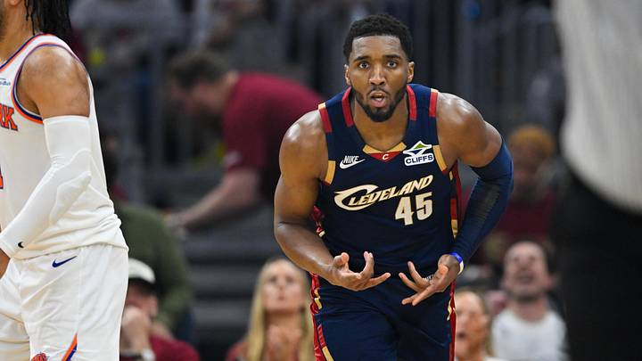 May 23, 2026; Cleveland, Ohio, USA; Cleveland Cavaliers guard Donovan Mitchell (45) reacts in the third quarter against the New York Knicks during game three of the eastern conference finals for the 2026 NBA playoffs at Rocket Arena. Mandatory Credit: David Richard-Imagn Images May 23, 2026; Cleveland, Ohio, USA; Cleveland Cavaliers guard Donovan Mitchell (45) reacts in the third quarter against the New York Knicks during game three of the eastern conference finals for the 2026 NBA playoffs at Rocket Arena. Mandatory Credit: David Richard-Imagn Images