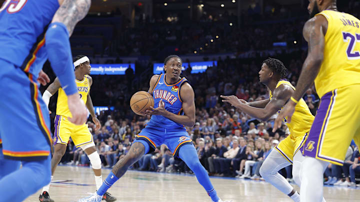 Apr 8, 2025; Oklahoma City, Oklahoma, USA; Oklahoma City Thunder forward Jalen Williams (8) drives to the basket against the Los Angeles Lakers during the second half at Paycom Center. Mandatory Credit: Alonzo Adams-Imagn Images