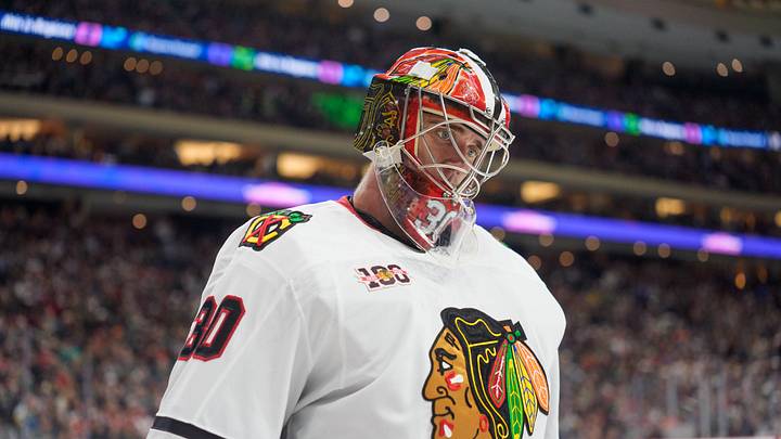 Mar 19, 2026; Saint Paul, Minnesota, USA; Chicago Blackhawks goaltender Spencer Knight (30) looks on during a stoppage against the Minnesota Wild in the second period at Grand Casino Arena. Mandatory Credit: Matt Blewett-Imagn Images