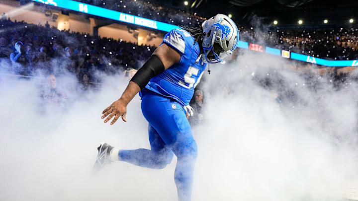 Detroit Lions defensive tackle Alim McNeill (54) takes the field before kickoff against Green Bay Packers at Ford Field in Detroit on Thursday, Dec. 5, 2024.