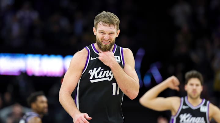Dec 16, 2024; Sacramento, California, USA; Sacramento Kings forward Domantas Sabonis (11) reacts after a play during the fourth quarter against the Denver Nuggets at Golden 1 Center. Mandatory Credit: Sergio Estrada-Imagn Images