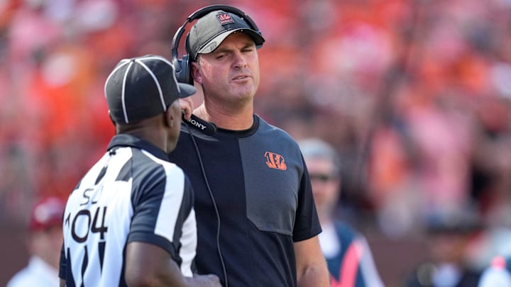 Cincinnati Bengals head coach Zac Taylor talks with an official in the fourth quarter of the NFL Week 2 game between the Cincinnati Bengals and the Jacksonville Jaguars at Paycor Stadium in downtown Cincinnati on Sunday, Sept. 14, 2025. The Bengals came back from a halftime deficit to win 31-27. Cincinnati Bengals head coach Zac Taylor talks with an official in the fourth quarter of the NFL Week 2 game between the Cincinnati Bengals and the Jacksonville Jaguars at Paycor Stadium in downtown Cincinnati on Sunday, Sept. 14, 2025. The Bengals came back from a halftime deficit to win 31-27.