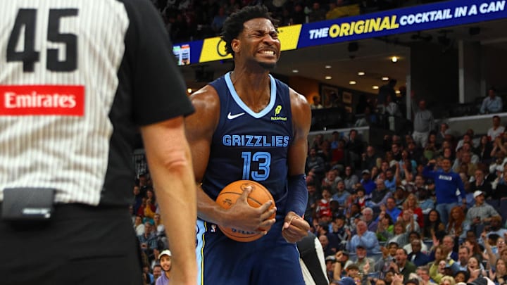Feb 3, 2025; Memphis, Tennessee, USA; Memphis Grizzlies forward Jaren Jackson Jr. (13) reacts during the second quarter against the San Antonio Spurs at FedExForum. Mandatory Credit: Petre Thomas-Imagn Images