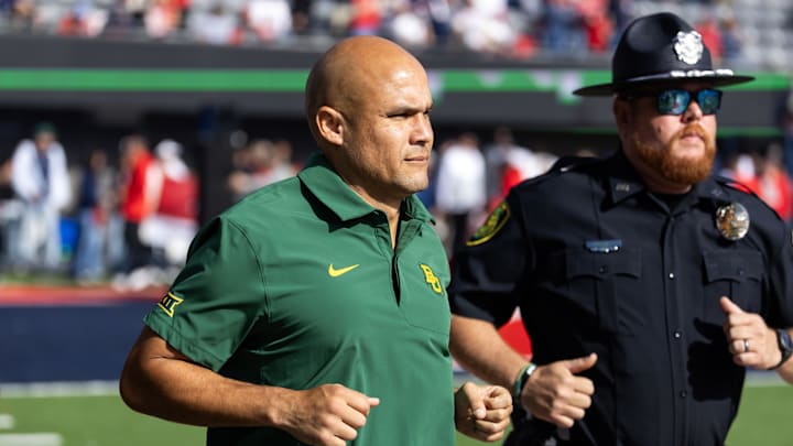 Nov 22, 2025; Tucson, Arizona, USA; Baylor Bears head coach Dave Aranda against the Arizona Wildcats at Casino Del Sol Stadium. Mandatory Credit: Mark J. Rebilas-Imagn Images