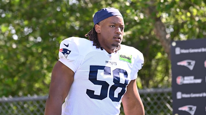 Jul 28, 2025; Foxborough, MA, USA; New England Patriots center Jared Wilson (58) heads to the practice fields for training camp at Gillette Stadium. Mandatory Credit: Eric Canha-Imagn Images