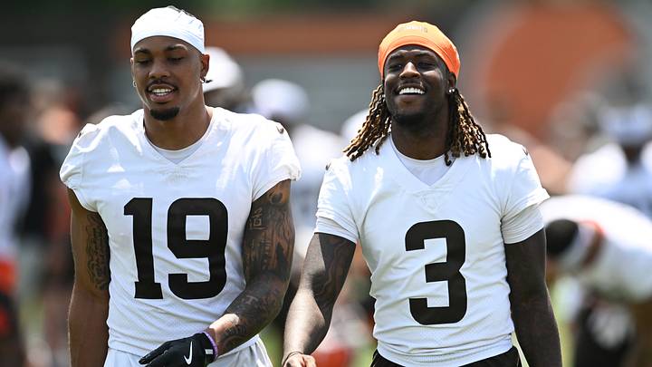 Cleveland Browns wide receiver Cedric Tillman (19) and wide receiver Jerry Jeudy (3) walk off the field