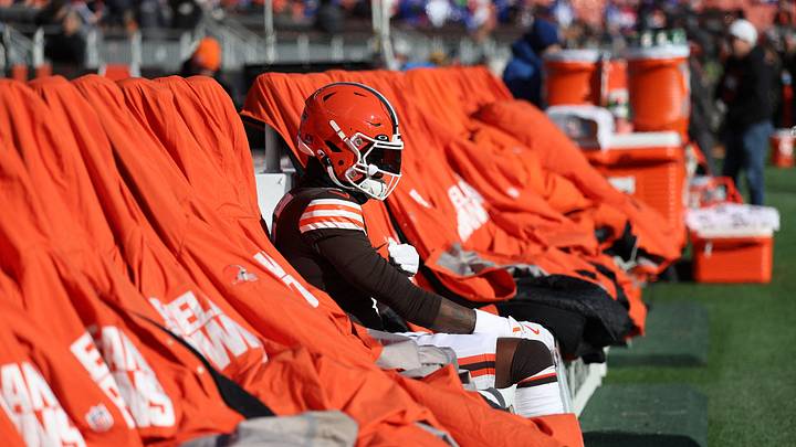 Dec 21, 2025; Cleveland, Ohio, USA;  Cleveland Browns wide receiver Jerry Jeudy (3) sits on the heated bench during warm ups prior to a game against the Buffalo Bills  at Huntington Bank Field. Mandatory Credit: Scott Galvin-Imagn Images