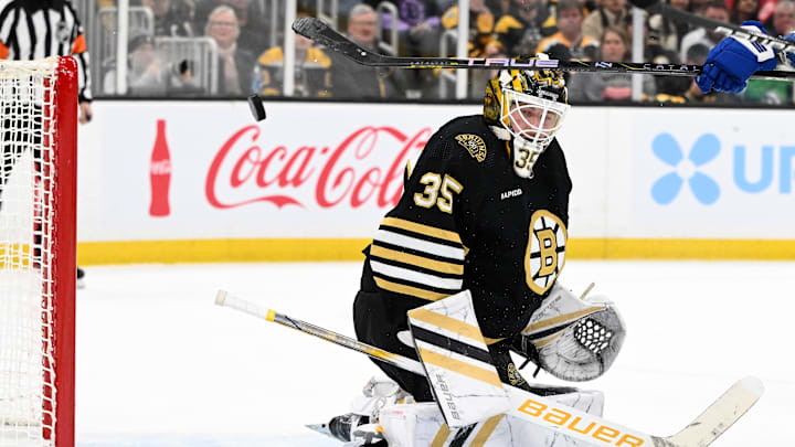 Apr 22, 2024; Boston, Massachusetts, USA; A goal scored by Toronto Maple Leafs left wing Tyler Bertuzzi (not seen) on Boston Bruins goaltender Linus Ullmark (35) was overturned after video review during the second period in game two of the first round of the 2024 Stanley Cup Playoffs at TD Garden. Mandatory Credit: Brian Fluharty-USA TODAY Sports