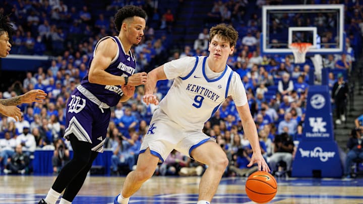 Oct 23, 2024; Lexington, KY, USA; Kentucky Wildcats forward Trent Noah (9) handles the ball during the second half against the Kentucky Wesleyan Panthers at Rupp Arena at Central Bank Center. Mandatory Credit: Jordan Prather-Imagn Images