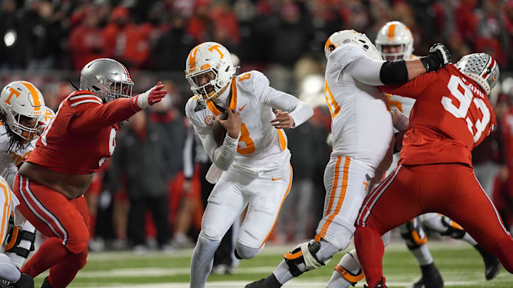 Tennessee quarterback Nico Iamaleava (8) runs the ball during the NCAA college football playoff game against Ohio State on Saturday, Dec. 21, 2024, in Columbus, Ohio.