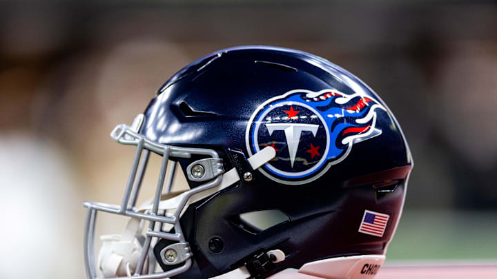 Aug 25, 2024; New Orleans, Louisiana, USA;  Detailed view of the Tennessee Titans helmet against the New Orleans Saints during the first half at Caesars Superdome. Mandatory Credit: Stephen Lew-Imagn Images