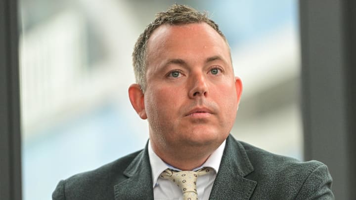 Jun 6, 2023; Milwaukee, WI, USA;  Milwaukee Bucks general manager Jon Horst talks about the hiring of a new head coach at a press conference in Milwaukee. Mandatory Credit: Benny Sieu-Imagn Images