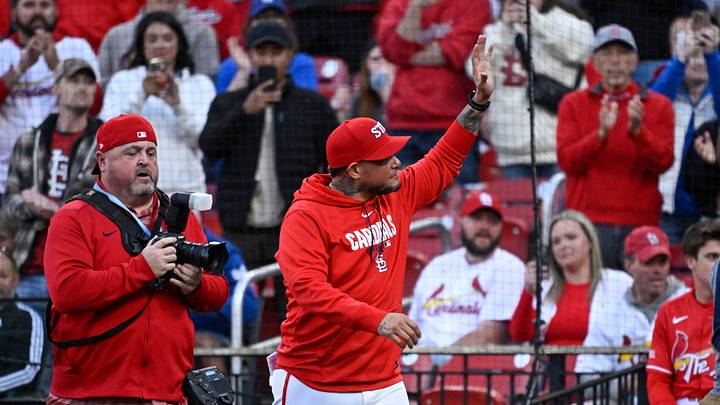 May 1, 2026; St. Louis, Missouri, USA; St. Louis Cardinals special assistant to president of baseball operations Yadier Molina acknowledges fans prior to a game against the Los Angeles Dodgers at Busch Stadium. Mandatory Credit: Joe Puetz-Imagn Images May 1, 2026; St. Louis, Missouri, USA; St. Louis Cardinals special assistant to president of baseball operations Yadier Molina acknowledges fans prior to a game against the Los Angeles Dodgers at Busch Stadium. Mandatory Credit: Joe Puetz-Imagn Images