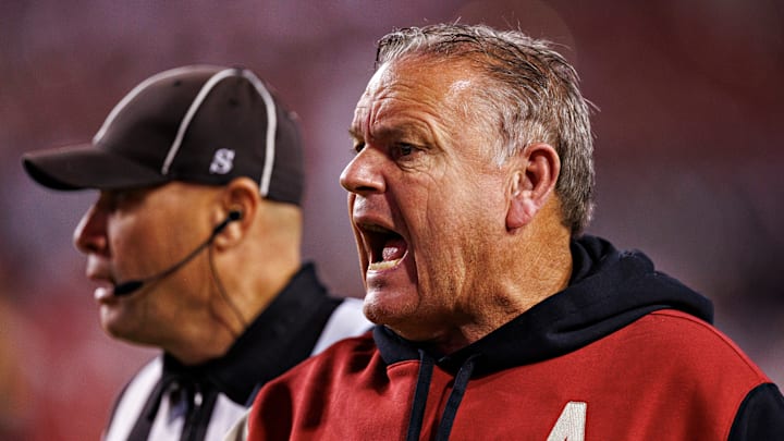 Arkansas coach Sam Pittman yells instructions to his players during a game against Florida International. 