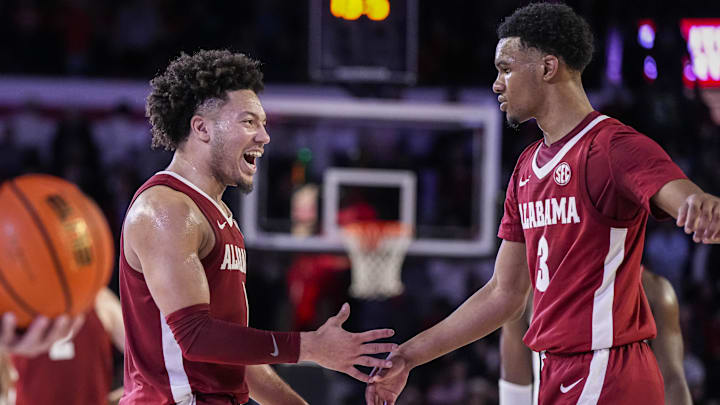 Jan 31, 2024; Athens, Georgia, USA; Alabama Crimson Tide guards Mark Sears (1) and Rylan Griffen (3)