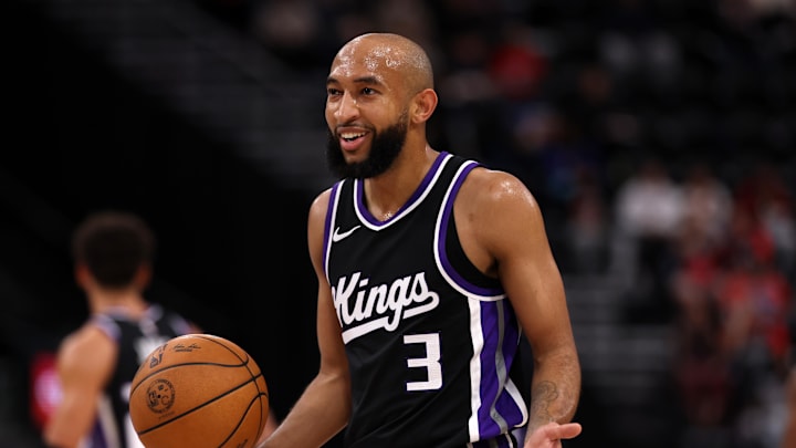 Oct 17, 2024; Inglewood, California, USA;  Sacramento Kings guard Jordan McLaughlin (3) reacts to a call during the second quarter of NBA preseason game against the Los Angeles Clippers at Intuit Dome. Mandatory Credit: Kiyoshi Mio-Imagn Images