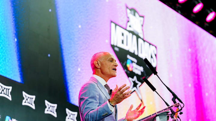 Jul 8, 2025; Frisco, TX, USA; Big 12 Commissioner Brett Yormark addresses the media during the 2025 Big 12 Football Media Days at The Star. Mandatory Credit: Raymond Carlin III-Imagn Images Jul 8, 2025; Frisco, TX, USA; Big 12 Commissioner Brett Yormark addresses the media during the 2025 Big 12 Football Media Days at The Star. Mandatory Credit: Raymond Carlin III-Imagn Images