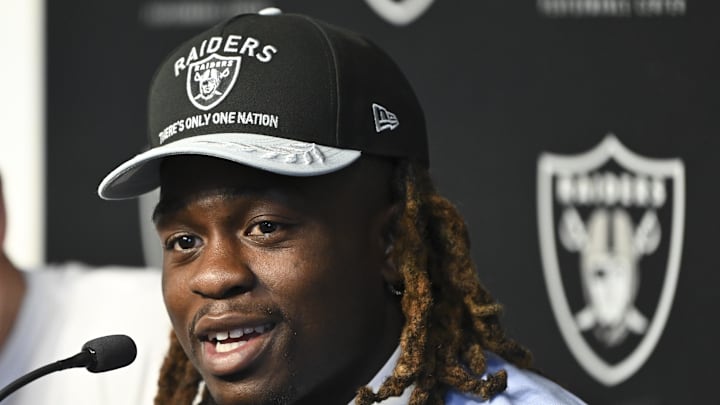 Apr 25, 2025; Henderson, NV, USA; Las Vegas Raiders first round draft pick in the 2025 NFL Draft Ashton Jeanty, speaks to the media at Intermountain Health Performance Center. Mandatory Credit: Candice Ward-Imagn Images
