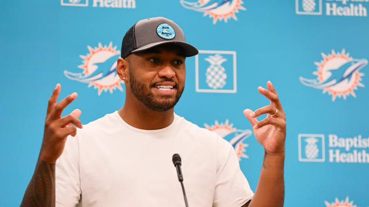Miami Dolphins quarterback Tua Tagovailoa (1) talks to reporters during a press conference after training camp at Baptist Health Training Complex. Miami Dolphins quarterback Tua Tagovailoa (1) talks to reporters during a press conference after training camp at Baptist Health Training Complex.