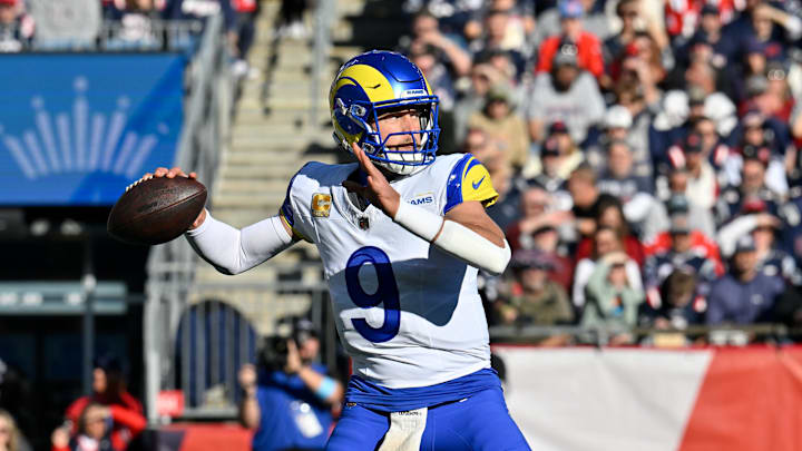 Los Angeles Rams quarterback Matthew Stafford (9) throws a pass during the first half against the New England Patriots at Gillette Stadium. 