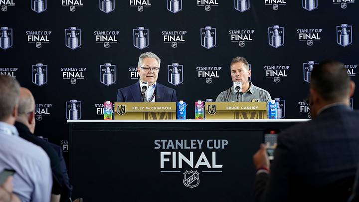 Jun 2, 2023; Las Vegas, Nevada, USA; Vegas Golden Knights general manager Kelly McCrimmon and head coach Bruce Cassidy answers questions to the press during media day in advance of the 2023 Stanley Cup Final. Mandatory Credit: Lucas Peltier-USA TODAY Sports Jun 2, 2023; Las Vegas, Nevada, USA; Vegas Golden Knights general manager Kelly McCrimmon and head coach Bruce Cassidy answers questions to the press during media day in advance of the 2023 Stanley Cup Final. Mandatory Credit: Lucas Peltier-USA TODAY Sports