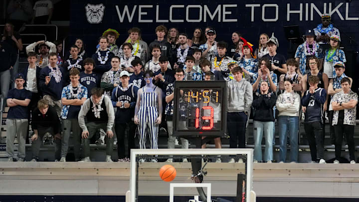 Butler Bulldogs fans react as the Xavier Musketeers score during the second half of a game Wednesday, March 5, 2025, at Hinkle Fieldhouse in Indianapolis. Xavier defeated Butler 91-78.