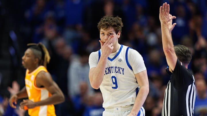 Feb 11, 2025; Lexington, Kentucky, USA; Kentucky Wildcats forward Trent Noah (9) celebrates after making a three point basket during the first half against the Tennessee Volunteers at Rupp Arena at Central Bank Center. Mandatory Credit: Jordan Prather-Imagn Images