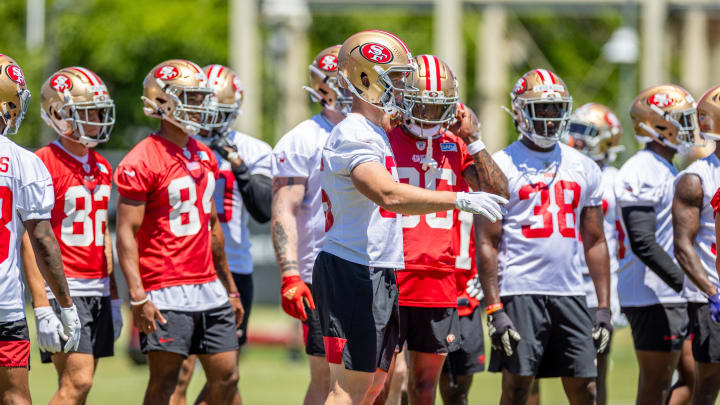 May 10, 2024; Santa Clara, CA, USA; San Francisco 49ers rookies take a rest during the 49ers rookie minicamp at Levi’s Stadium in Santa Clara, CA. Mandatory Credit: Robert Kupbens-USA TODAY Sports
