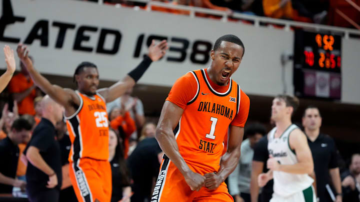 Oklahoma State Cowboys guard Bryce Thompson (1) celebrates after making a basket during a college basketball game between the Oklahoma State Cowboys (OSU) and the Green Bay Phoenix at Gallagher-Iba Arena in Stillwater, Okla., Monday, Nov. 4, 2024. Oklahoma State Cowboys guard Bryce Thompson (1) celebrates after making a basket during a college basketball game between the Oklahoma State Cowboys (OSU) and the Green Bay Phoenix at Gallagher-Iba Arena in Stillwater, Okla., Monday, Nov. 4, 2024.