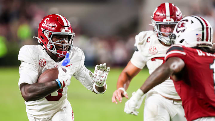 Oct 25, 2025; Columbia, South Carolina, USA; Alabama Crimson Tide wide receiver Germie Bernard (5) rushes against the South Carolina Gamecocks in the second half at Williams-Brice Stadium. Mandatory Credit: Jeff Blake-Imagn Images