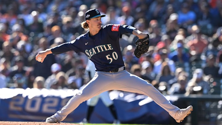 Oct 8, 2025; Detroit, Michigan, USA; Seattle Mariners pitcher Bryce Miller (50) throws to the plate in the third inning against the Detroit Tigers during game four of the ALDS round for the 2025 MLB playoffs at Comerica Park. Mandatory Credit: Lon Horwedel-Imagn Images