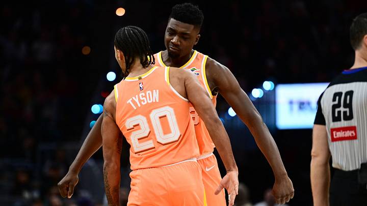 Dec 5, 2025; Cleveland, Ohio, USA; Cleveland Cavaliers center Thomas Bryant (3) celebrates with guard Jaylon Tyson (20) during the second half against the San Antonio Spurs at Rocket Arena. Mandatory Credit: Ken Blaze-Imagn Images Dec 5, 2025; Cleveland, Ohio, USA; Cleveland Cavaliers center Thomas Bryant (3) celebrates with guard Jaylon Tyson (20) during the second half against the San Antonio Spurs at Rocket Arena. Mandatory Credit: Ken Blaze-Imagn Images