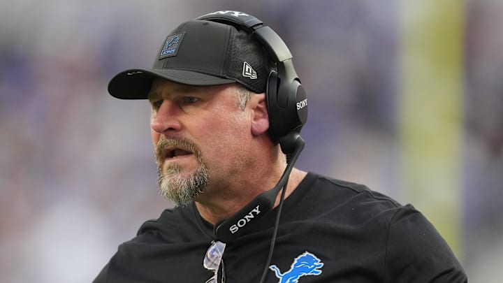 Dec 14, 2025; Inglewood, California, USA; Detroit Lions head coach Dan Campbell is seen during the second quarter against the Los Angeles Rams at SoFi Stadium. Mandatory Credit: Kirby Lee-Imagn Images