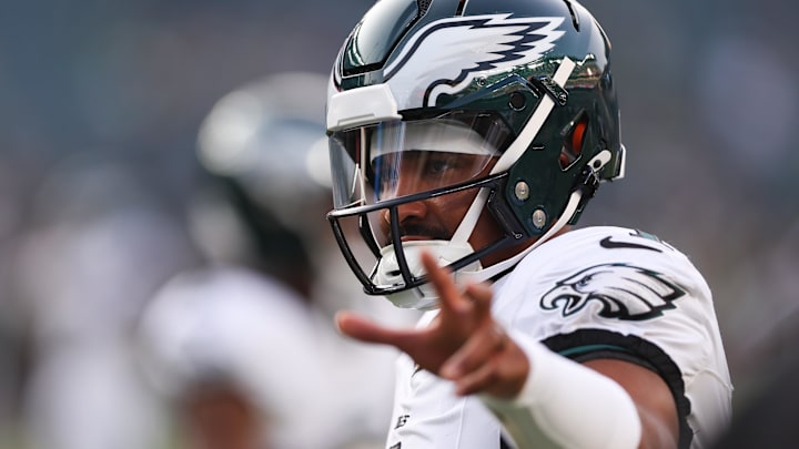 Aug 7, 2025; Philadelphia, Pennsylvania, USA; Philadelphia Eagles quarterback Jalen Hurts (1) before a game against the Cincinnati Bengals at Lincoln Financial Field. Mandatory Credit: Bill Streicher-Imagn Images