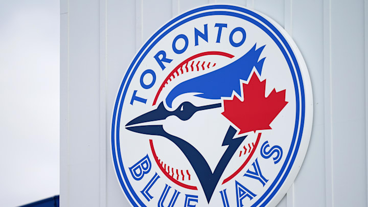 Mar 6, 2021; Dunedin, Florida, USA; A detailed view of the Toronto Blue Jays logo on a building at TD Ballpark during the spring training game between the Toronto Blue Jays and the Philadelphia Phillies. Mandatory Credit: Jasen Vinlove-Imagn Images