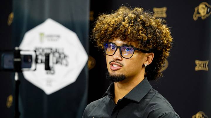 Jul 7, 2026; Frisco, TX, USA;  Colorado quarterback Julian Lewis speaks with  reporters during Big 12 Conference Football Media Days at The Star. Mandatory Credit: Raymond Carlin III-Imagn Images