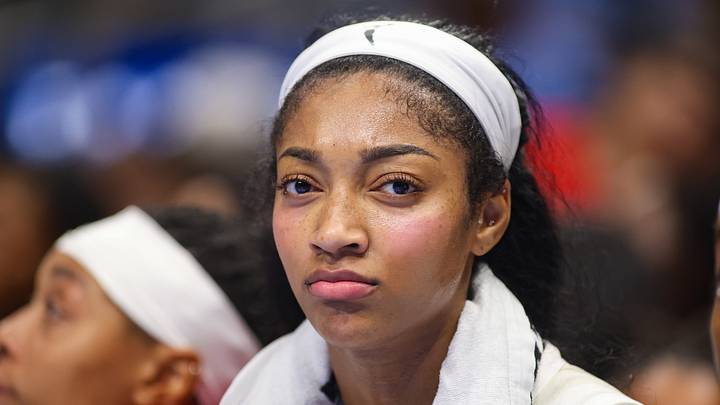 Oct 4, 2026; Atlanta, Georgia, USA; Atlanta Dream forward Angel Reese (5) on the bench against the New York Liberty in the third quarter during game one of the second round for the 2026 WNBA Playoffs at State Farm Arena. Mandatory Credit: Brett Davis-Imagn Images
