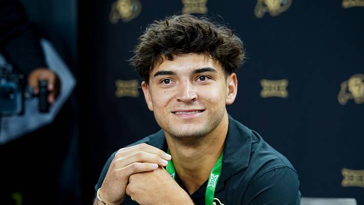 Jul 7, 2026; Frisco, TX, USA; Colorado wide receiver Danny Scudero speaks with reporters during Big 12 Conference Football Media Days at The Star. Jul 7, 2026; Frisco, TX, USA; Colorado wide receiver Danny Scudero speaks with reporters during Big 12 Conference Football Media Days at The Star.