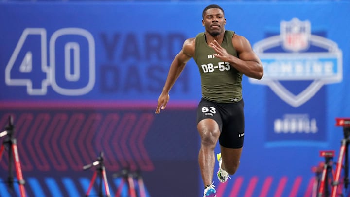 Mar 1, 2024; Indianapolis, IN, USA; Miami-Fl defensive back Kamren Kinchens (DB53) works out during