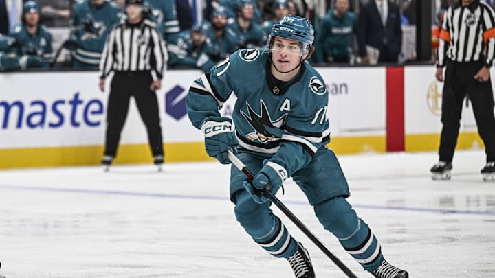 Apr 1, 2026; San Jose, California, USA; San Jose Sharks center Macklin Celebrini (71) controls the puck during the second period against the Anaheim Ducks at SAP Center at San Jose. Mandatory Credit: Justine Willard-Imagn Images