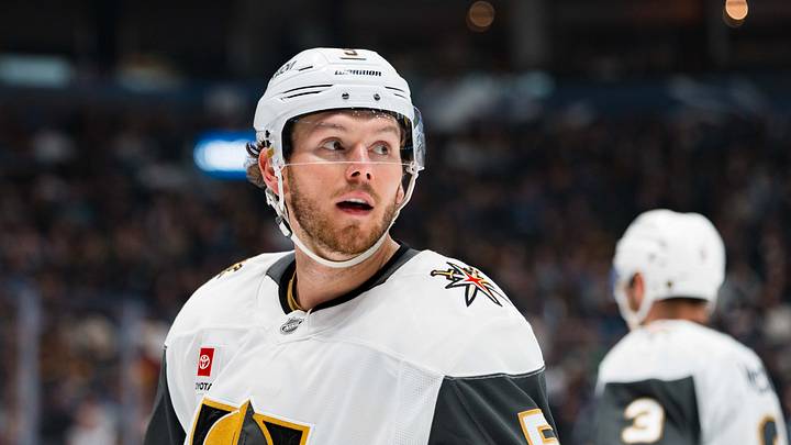 Apr 7, 2026; Vancouver, British Columbia, CAN; Vegas Golden Knights defenseman Jeremy Lauzon (5) during a stop in play against the Vancouver Canucks in the second period at Rogers Arena. Mandatory Credit: Bob Frid-Imagn Images Apr 7, 2026; Vancouver, British Columbia, CAN; Vegas Golden Knights defenseman Jeremy Lauzon (5) during a stop in play against the Vancouver Canucks in the second period at Rogers Arena. Mandatory Credit: Bob Frid-Imagn Images