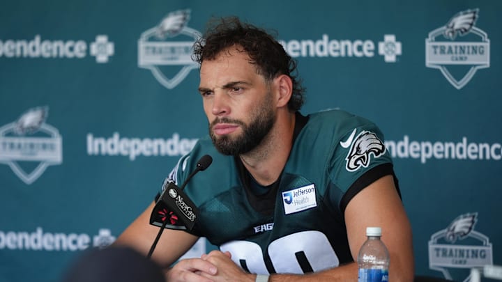 Jul 24, 2025; Philadelphia, PA, USA; Philadelphia Eagles tight end Dallas Goedert (88) addresses media during training camp at NovaCare Complex. Mandatory Credit: Kyle Ross-Imagn Images