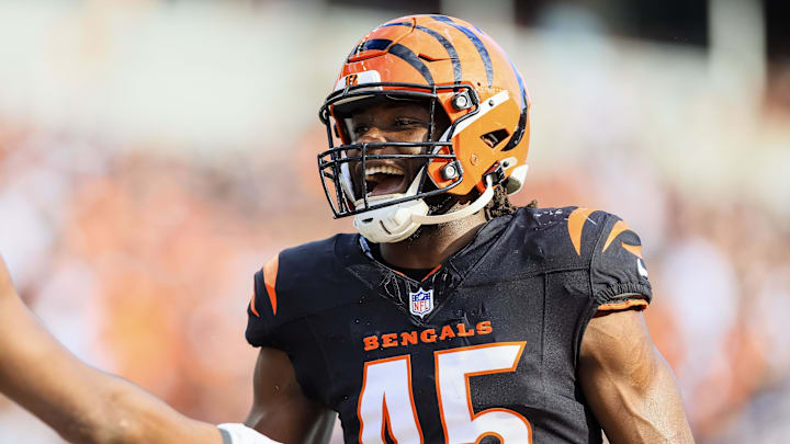 Nov 3, 2024; Cincinnati, Ohio, USA; Cincinnati Bengals linebacker Maema Njongmeta (45) reacts after a play against the Las Vegas Raiders in the second half at Paycor Stadium. Mandatory Credit: Katie Stratman-Imagn Images