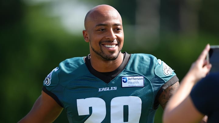Philadelphia Eagles running back AJ Dillon (29) poses during training camp 