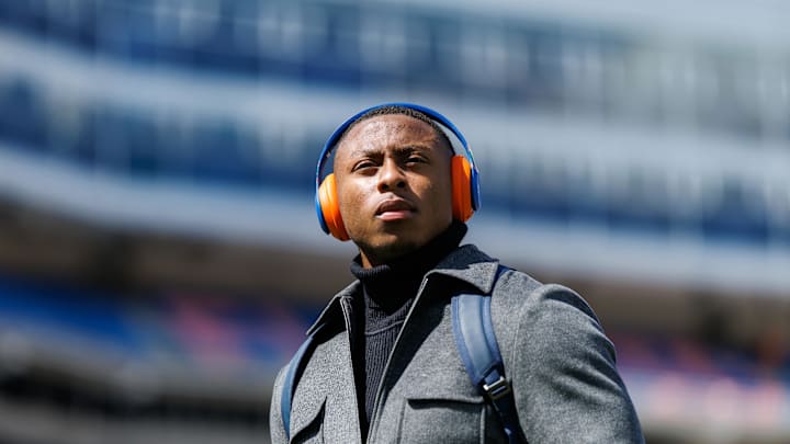 Oct 18, 2025; Gainesville, Florida, USA; Florida Gators quarterback DJ Lagway (2) walks on the field during Gator Walk before a game against the Mississippi State Bulldogs at Ben Hill Griffin Stadium.
