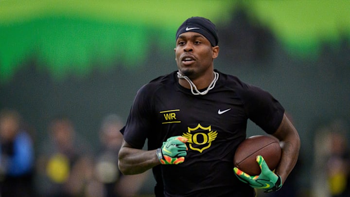 Oregon wide receiver Malik Benson carries the ball during Oregon Pro Day on March 17, 2026, at the Moshofsky Center in Eugene, Oregon.