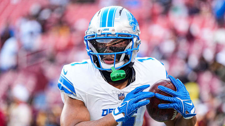Detroit Lions wide receiver Kalif Raymond (11) warms up ahead of the Washington Commanders game at Northwest Stadium in Landover, Md. on Sunday, November 9, 2025.